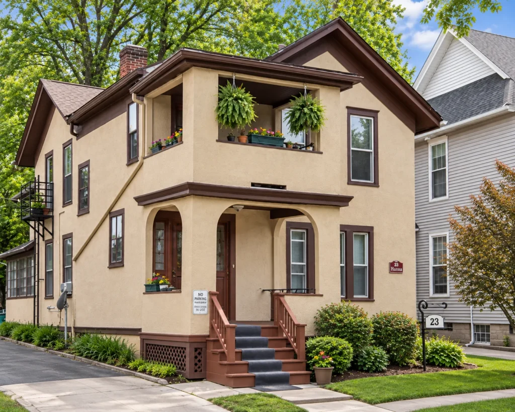 Tan stucco multi-family house with an arched front porch and balcony at 23 Brighton St. in Rochester, NY