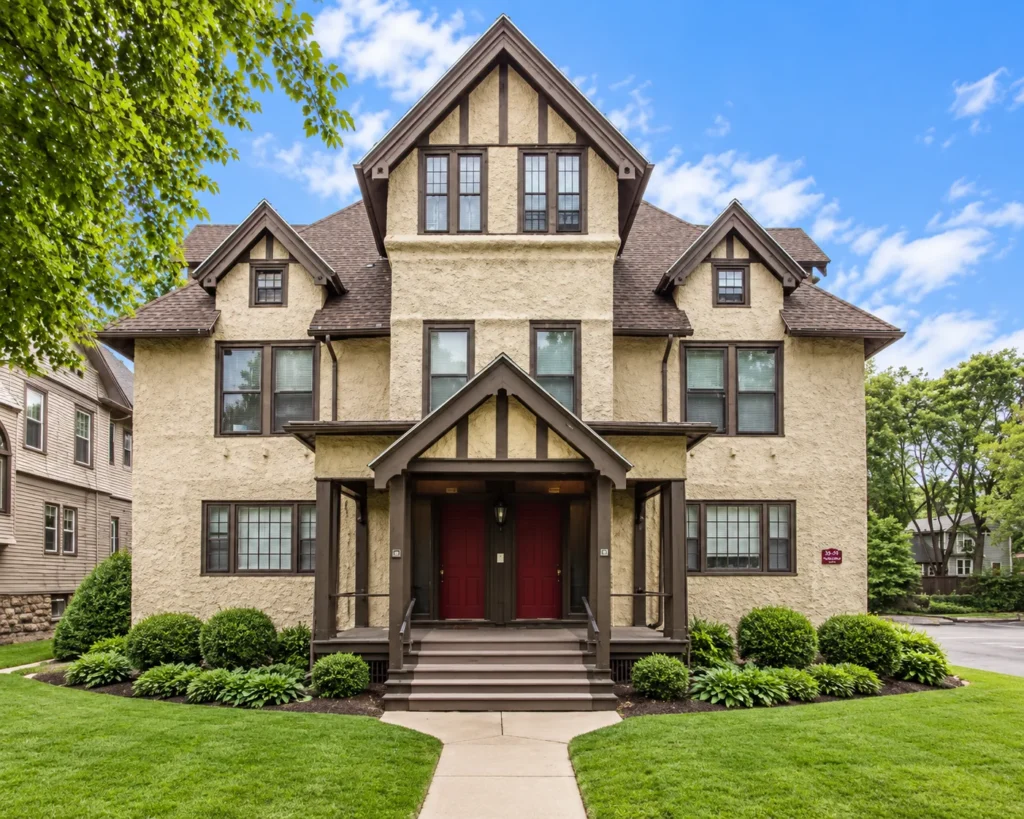 Tudor-style stucco multi-family building with red double doors at 33-35 S. Goodman St. in Rochester, NY