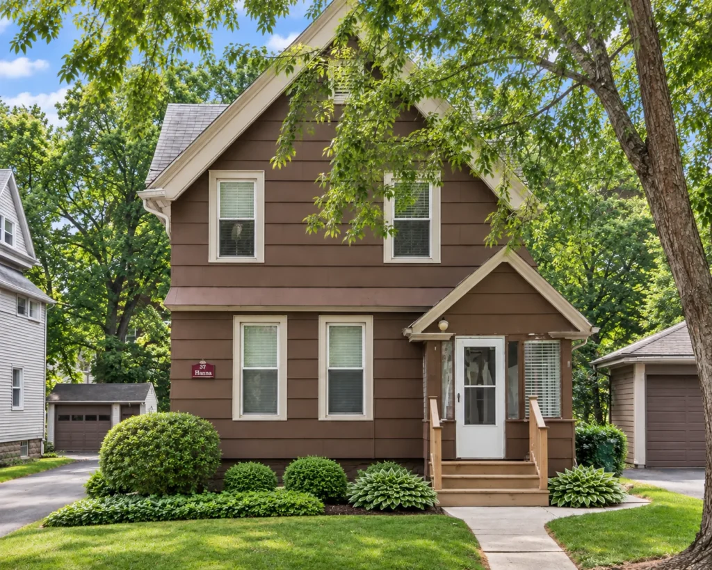 Brown two-story multi-family house with a gabled entry at 37 Brighton St. in Rochester, NY