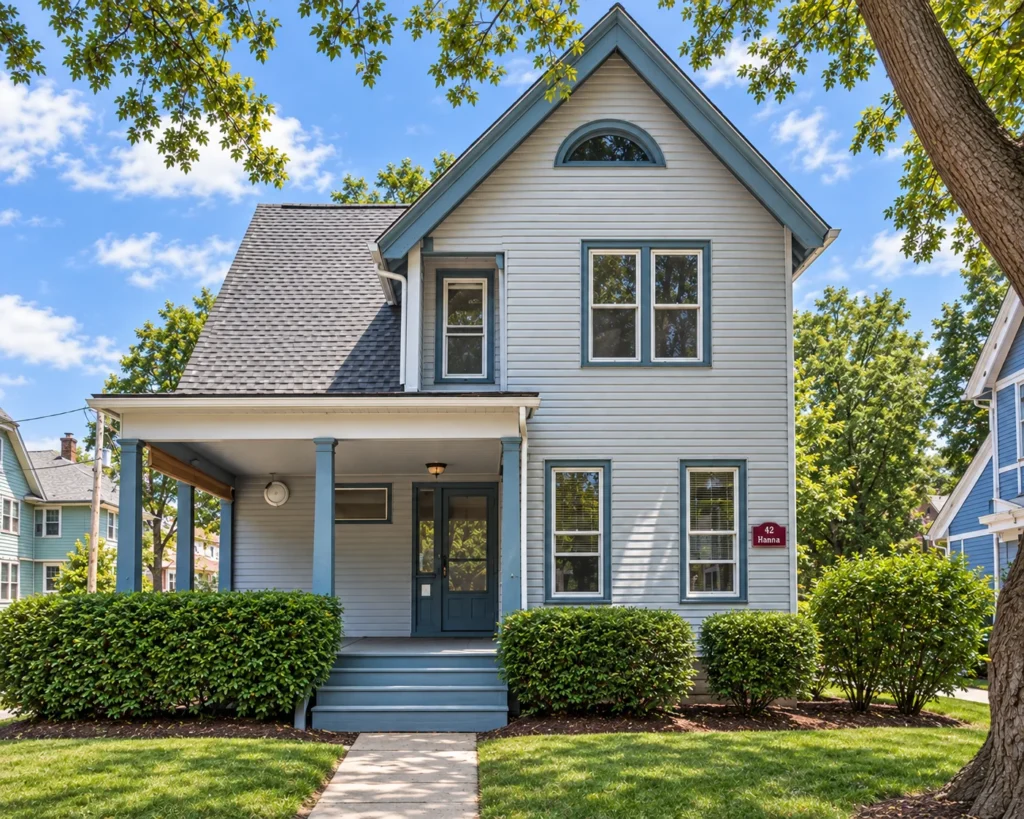 Light-blue multi-family house with a covered front porch at 42 Brighton St. in Rochester, NY