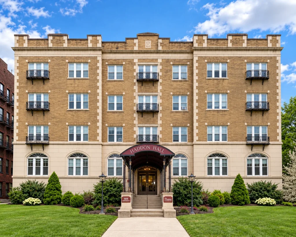 Haddon Hall, a five-story tan-brick apartment building with balconies at 505 University Ave. in Rochester, NY