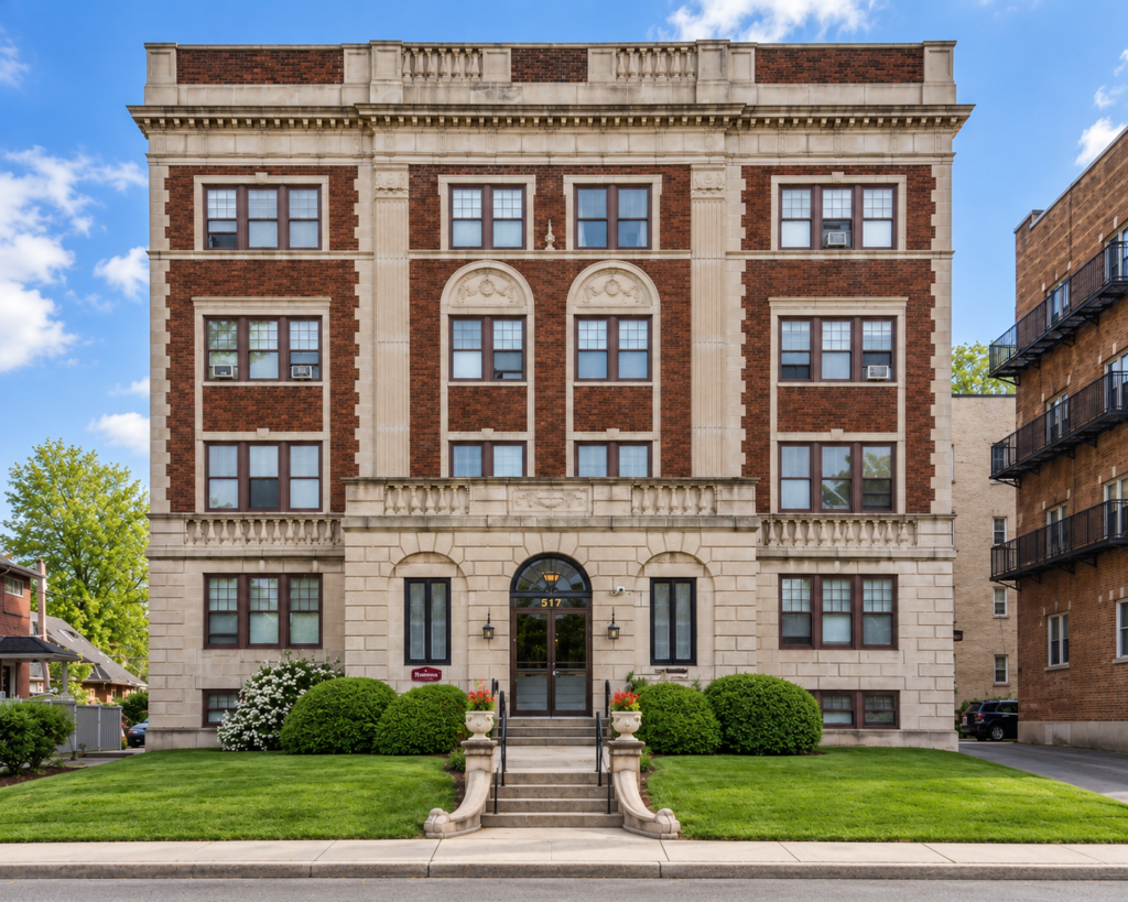 The Shelbourne, a four-story brick and limestone apartment building at 517 University Ave. in Rochester, NY
