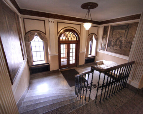 The Stanton's interior lobby with elegant marble staircase